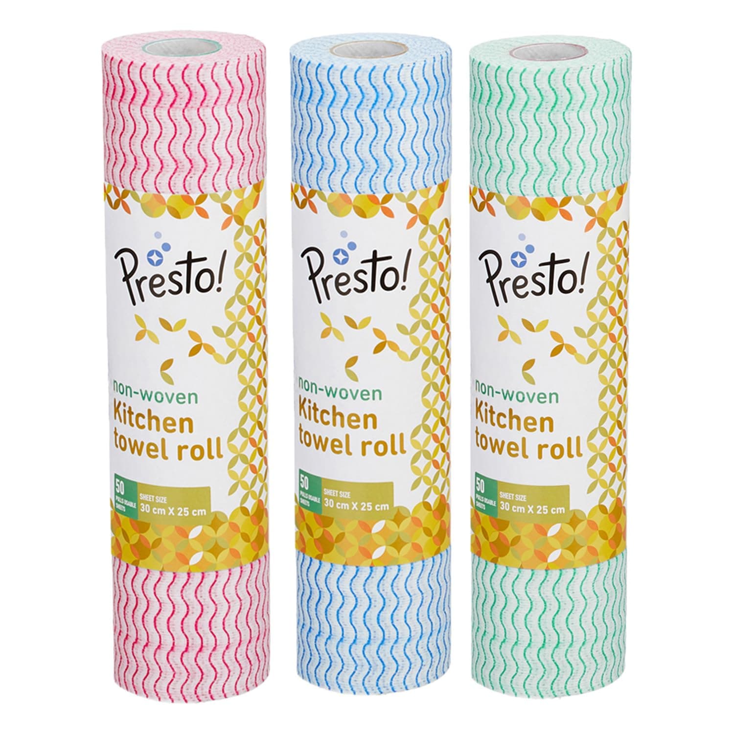 Amazon Brand - Presto! Non-Woven Kitchen Towel Roll | 50 Pulls (Pack of 3) | Size: 30 x 25 cm | Red, Blue & Green | Washable and Reusable | Highly Absorbent | For Daily Use