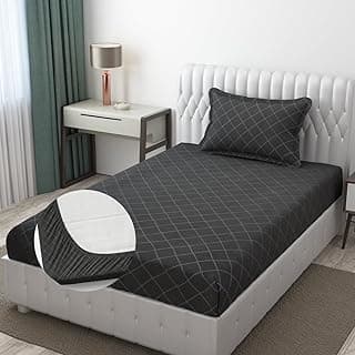 Blue Strip 220TC Glace Cotton Elastic Fitted Bedsheets Single Bed with 1 Pillow Cover | Single Bed with All Around Elastic, Size 42 X 75 Inches (Grey Check), Small_Single