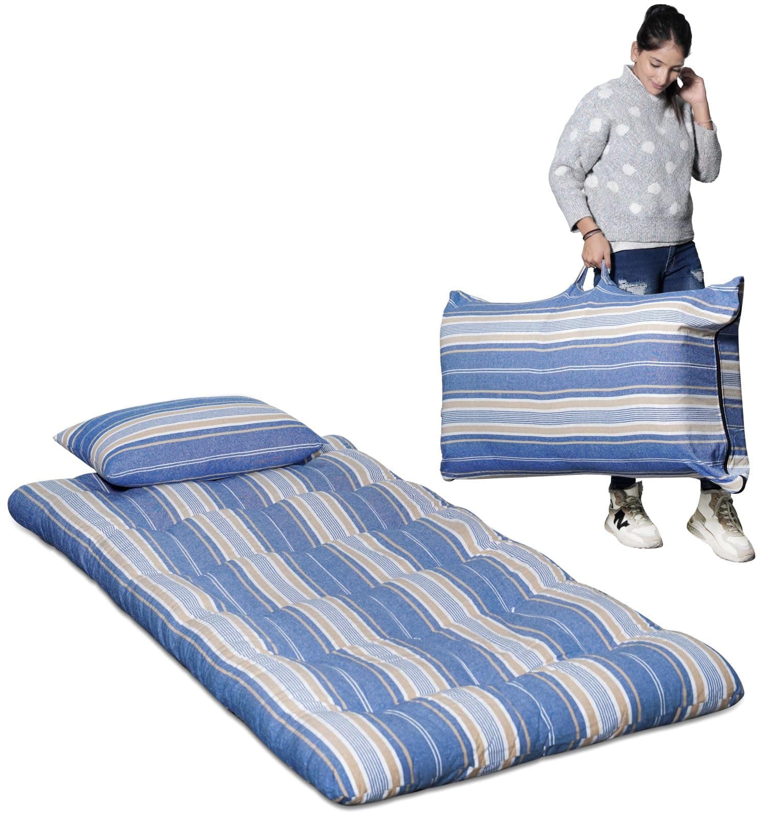 AGLA KADAM Bed Mattress Premium Natural Cotton, Ideal for Comfortable Sleep - Blue and White Stripe Pattern (Cotton Blend Blue and White Stripe Pattern, Single 3 x 6)
