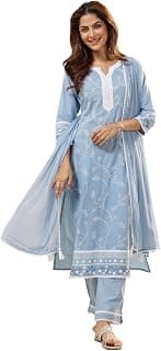 Libas Womens Embroidered Cotton Straight Kurta With Trousers and Dupatta