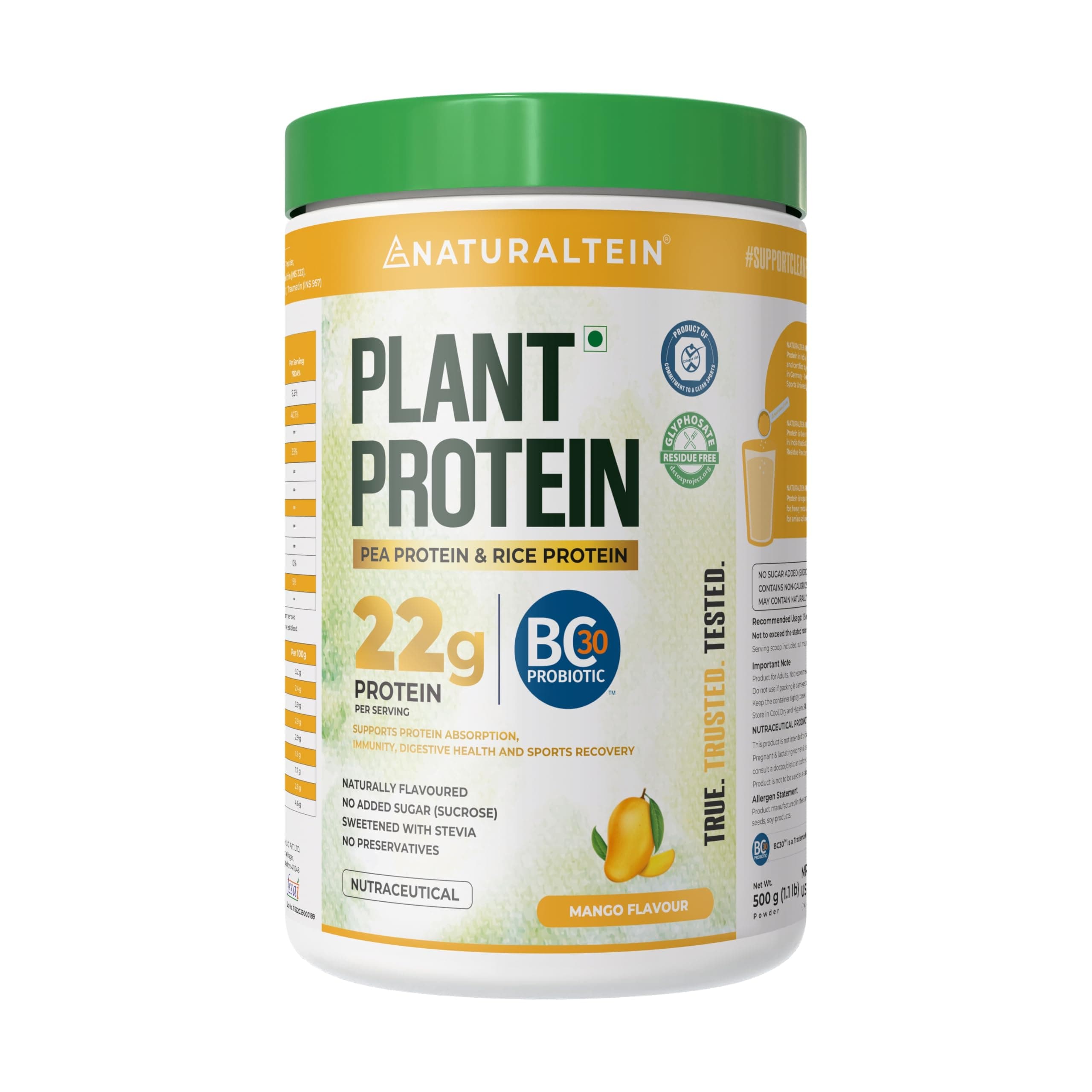 NATURALTEIN Plant Protein – 22g Clean Protein with BC30 Probiotic | Trusted Natural Blend for Strength, Energy & Gut Health | Delicious Natural Mango flavour | No Sugar, Just Pure Wellness