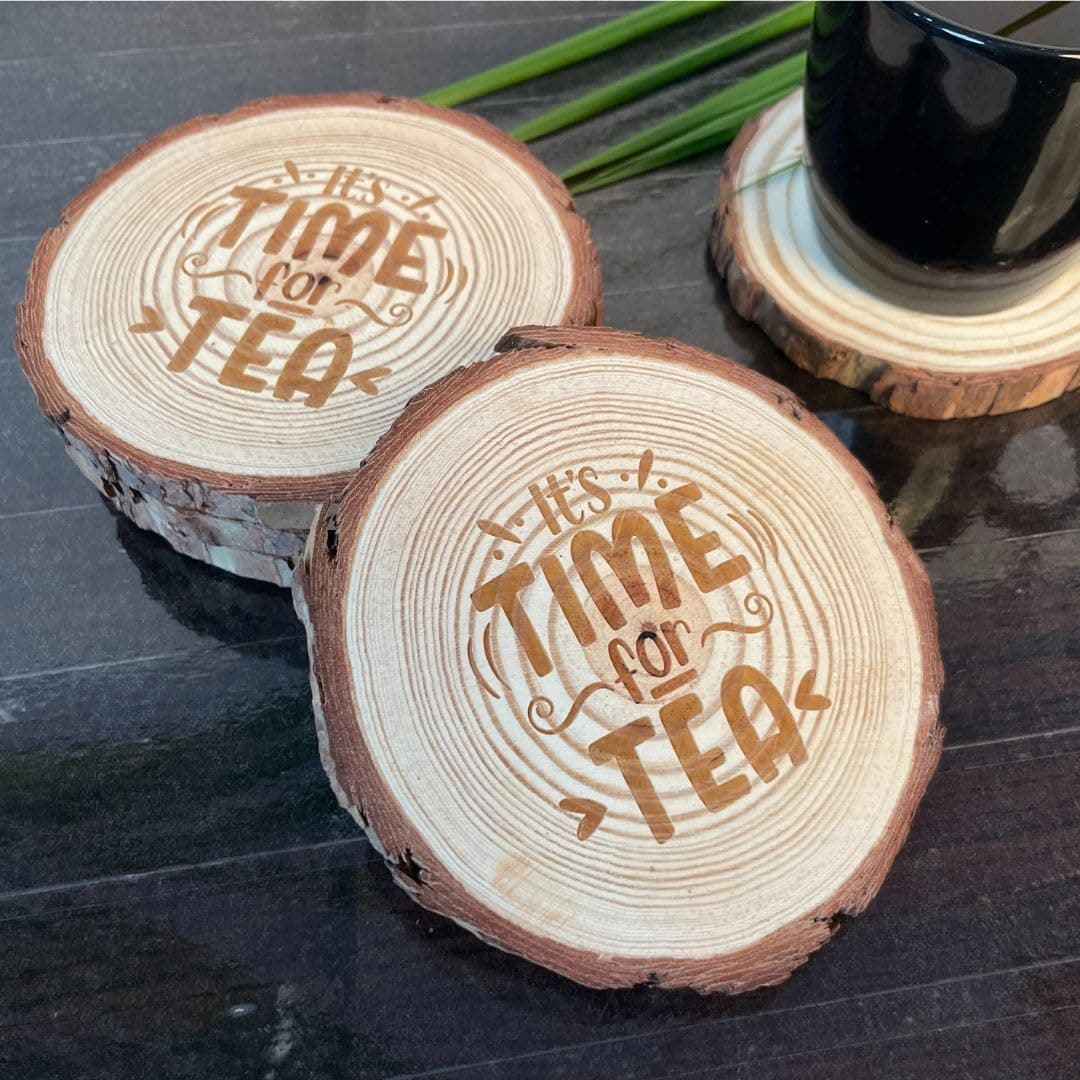 Giftana Wooden Coaster Set with Engraved Quote - “It's Time for Tea” Round Coasters for Home & Office, Eco-Friendly, Non-Slip Drink for Dinning Table, 4 Inches Diameter– Set of 2