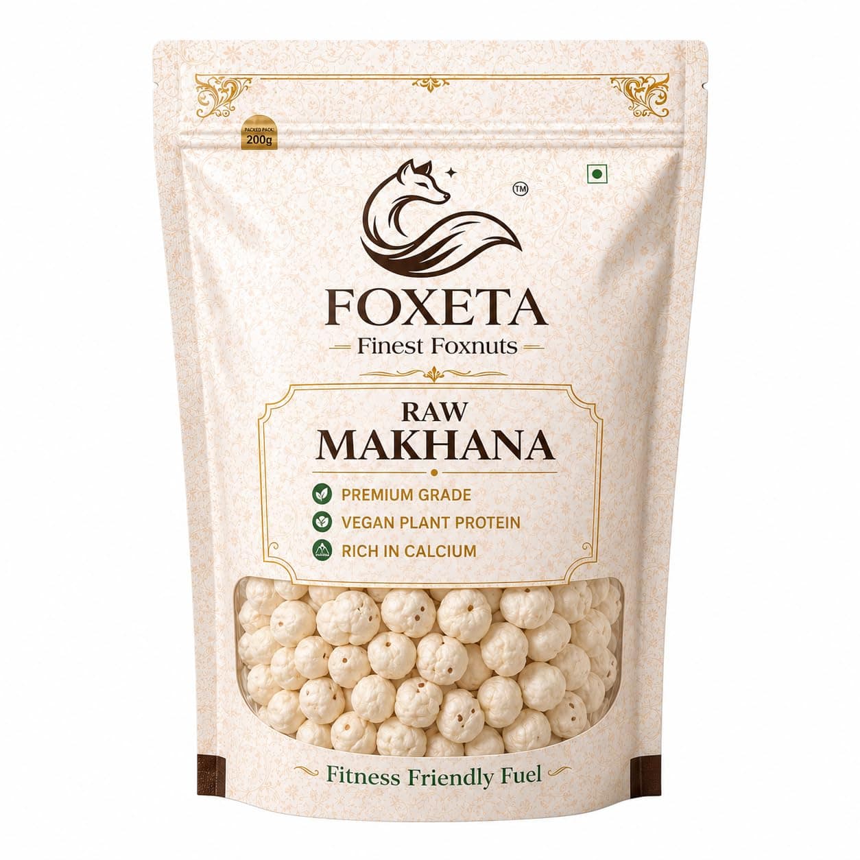 Foxeta Premium Raw Makhana 200 gram, Fasting Snack, Calcium Rich, High In Protein, Fitness Friendly Fuel