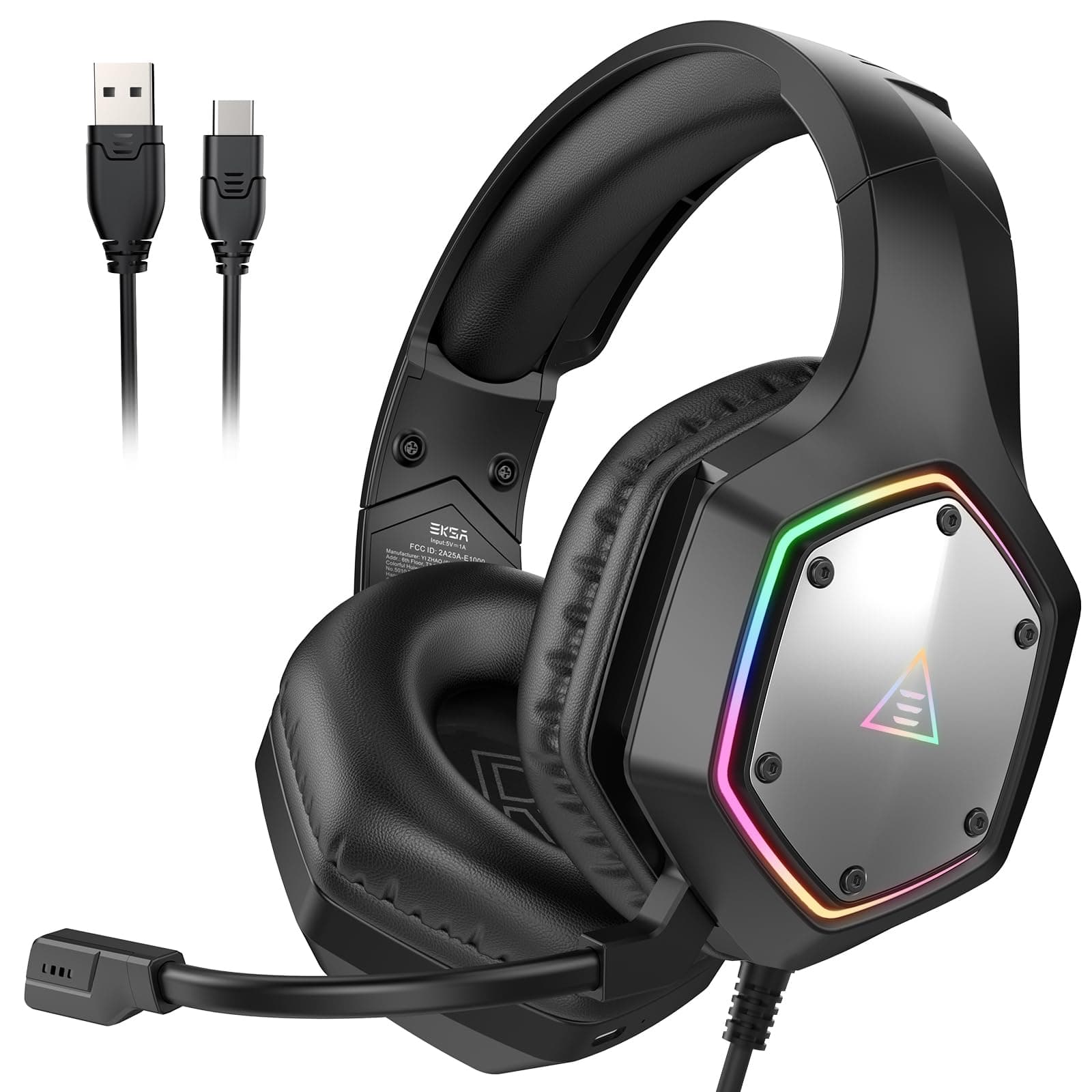 EKSA E1000 V2 Gaming Headset, PC Headset with USB - C Plug, Wired Headphones with Noise Canceling Microphone, 7.1 Surround Sound, RGB Light, Include USB Adapter for Laptop and Computers