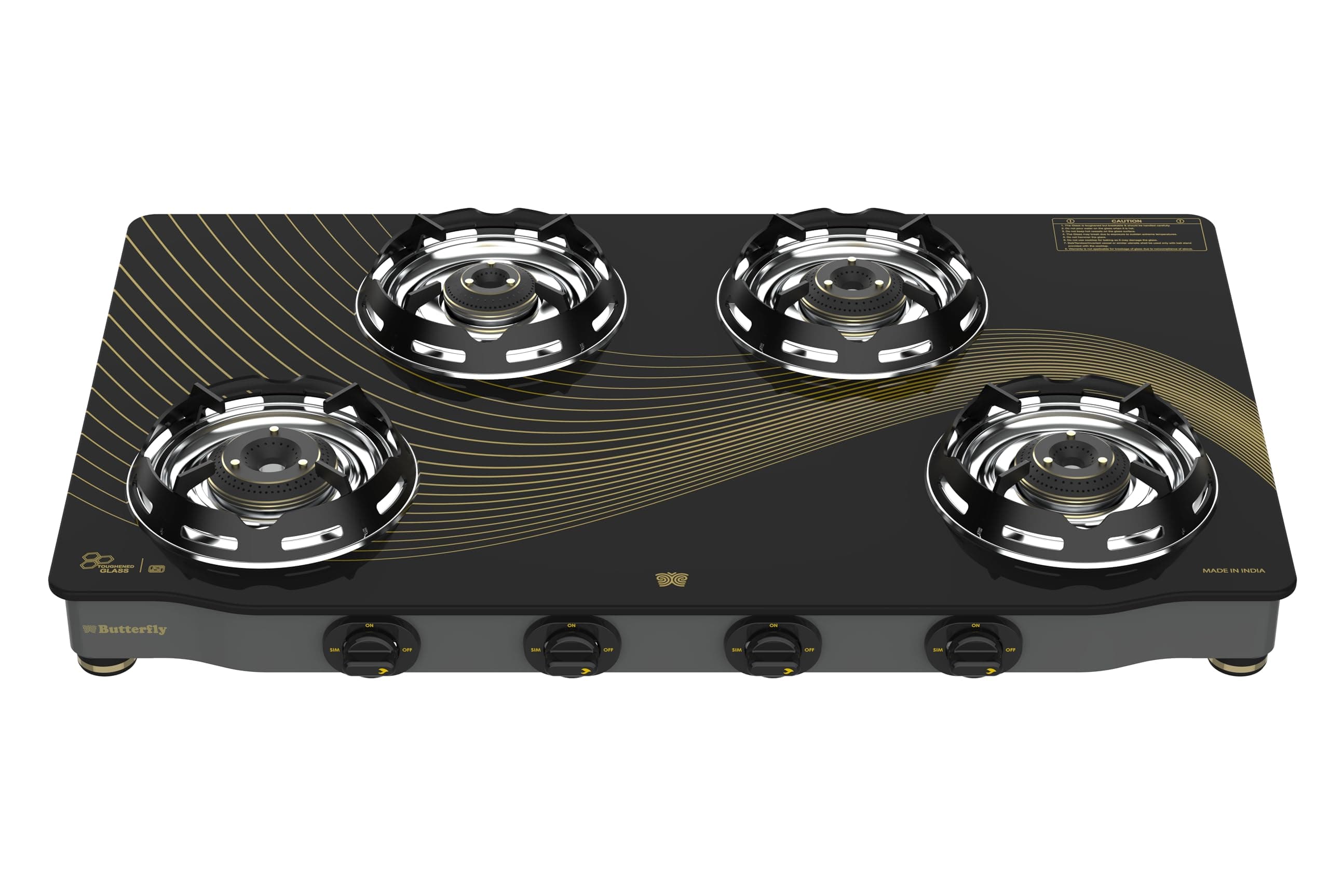 Butterfly Renz 4 Open Burner 3 Star Glass Top Gas Stove | Fan Shield | Leak Proof European Valve | Rust Resistant Frame | Patented Lift Lock | 8Mm Tempered Designer Glass | 2 Years Product Warranty
