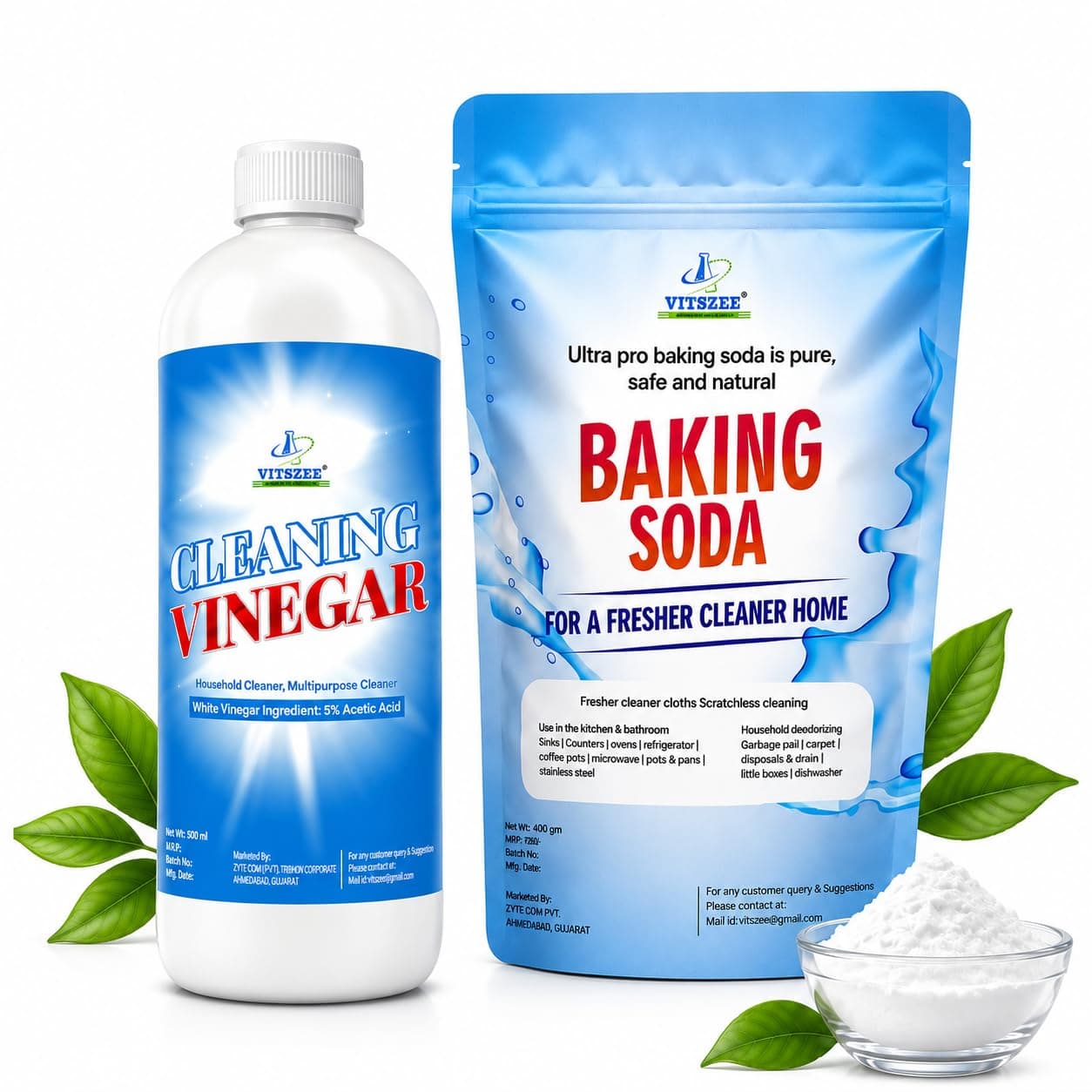 VITSZEE Washing machine drum cleaner special organic (cleaning white vinegar 500ml, Baking powder soda 400gm)