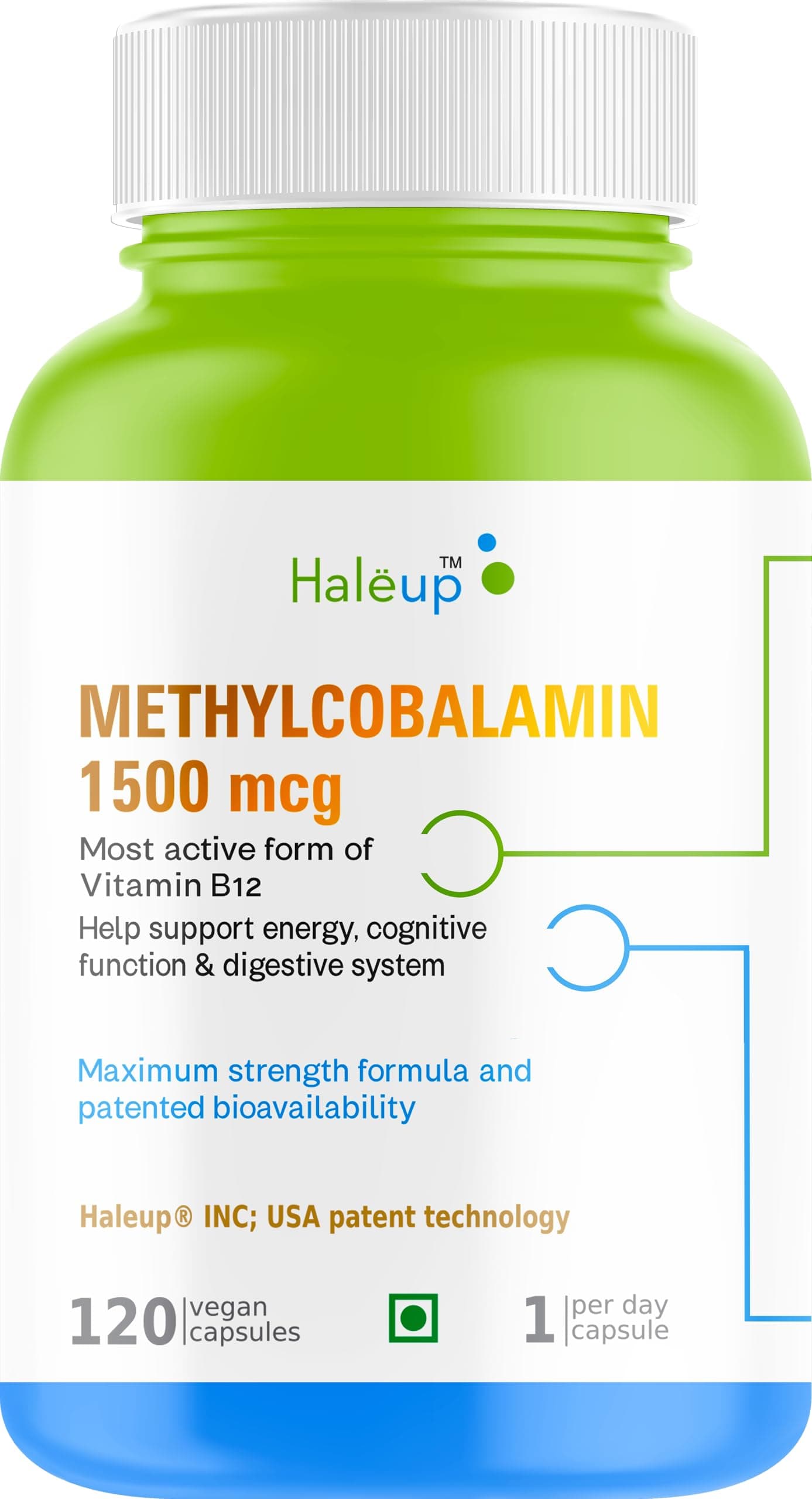 Haleup Vitamin B12 Tablets 1500mcg -Active form of Methylcobalamin B12 Supplement for Men & Women- 120 Veg capsules