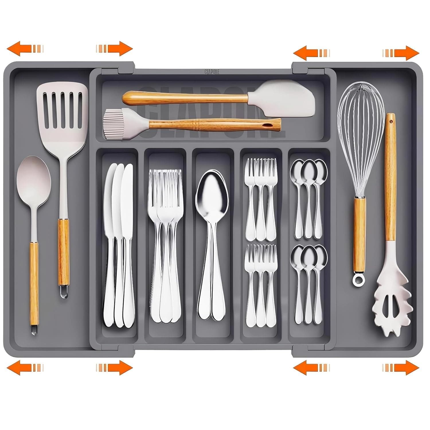 Tarev Drawer Organizer Tray/Kitchen Expandable Utensil Tray/Adjustable Utensil Organizer/Cutlery Silverware Flatware Holder/Divider for Spoons Forks Knives Tableware (Grey, 1 Pcs)