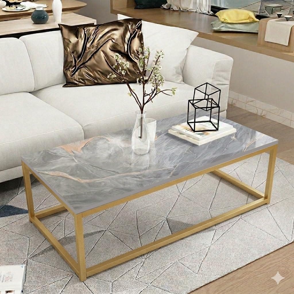 Welltrade Shoppee Rectangular Center Table with Engineered Wooden Top & Gold Metal Frame, Cocktail Sofa Table Living Room, Elegant Coffee Table – for Home, Office, Dining (Grey & Gold)