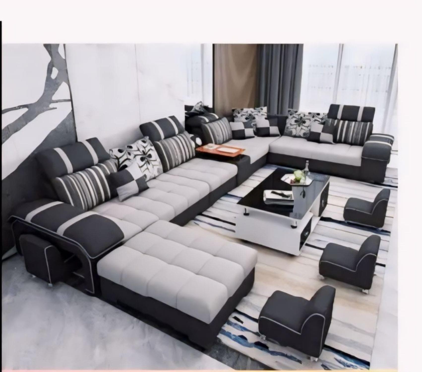 Torque Wood - Galster 12 Seater Sofa Set for Living Room (Left Side, Light Grey & Black) | U Shape Sectional Sofa Set with Cup Holder & Storage with 4 Puffy | 1 Years Warranty