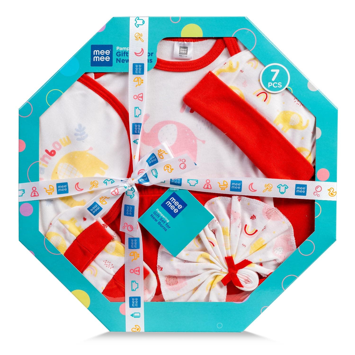 Mee Mee New Born Baby Gift Set | Soft Cotton Clothing Essentials for Infants/Baby Girls, Boys | Baby Shower Clothing Hamper (7 Pieces, Red)| Ideal Gift for New Born Baby