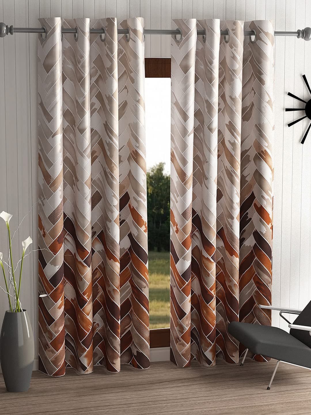 Home Sizzler 2 Pieces Geometrical Panel Eyelet Polyester Window Curtains - 5 Feet, Brown, Eyelet | Light-Filtering