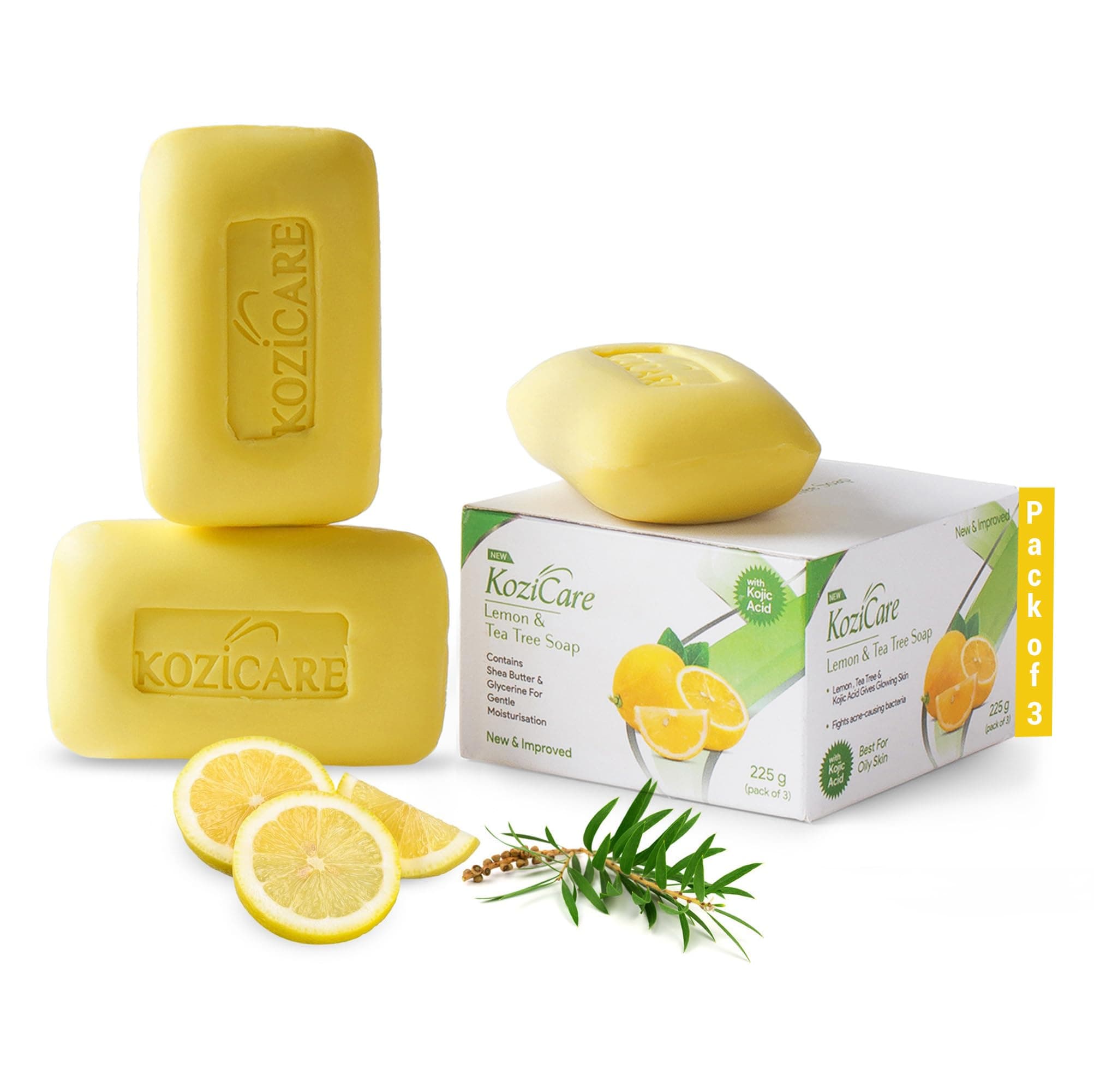 Kozicare Kojic Acid Soap & Glutathione | Lemon & Tea Tree | Detan for Bath | Bath Combo Offers | Bathing | Cleanses Deeply & Refreshes | Fights Acne & Blemishes - Pack of 3