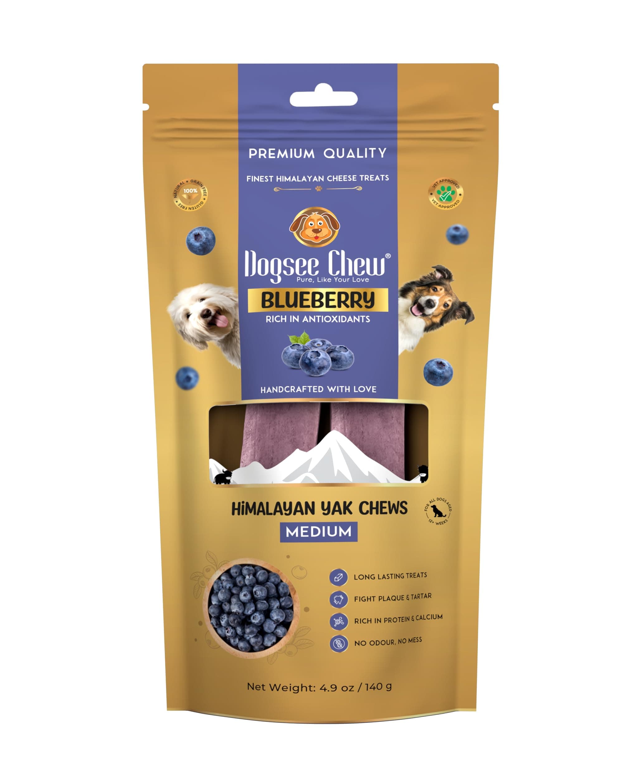 Dogsee Flavored Himalayan Yak Cheese Dental Chews for Dogs 140g (Medium - 2 Chews) | for Healthy Skin & Coat | No Grain, No Gluten | Odorless Dog Treats (Medium, Blueberry)