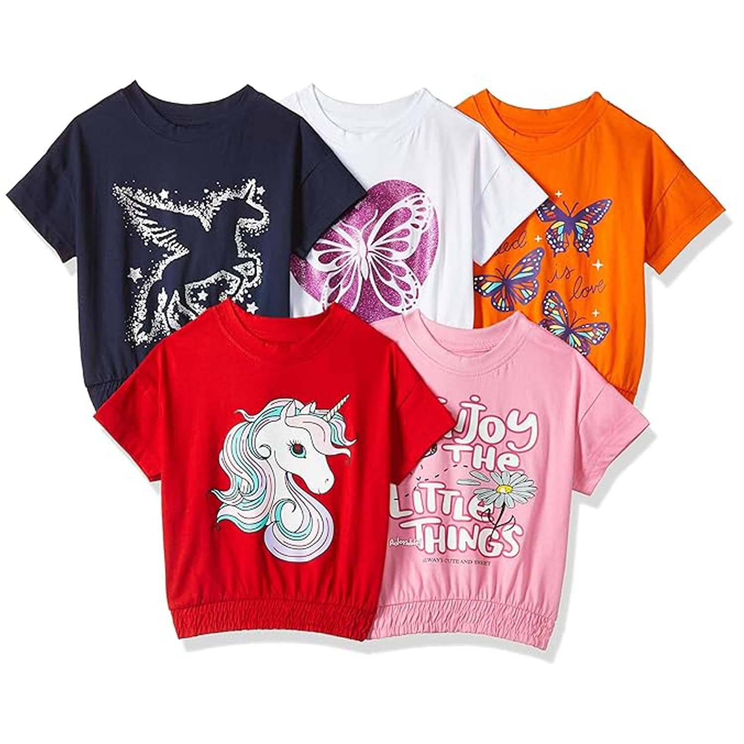 T2F Girls Cotton Printed DropShoulder Oversized Fit T-Shirt (Pack of 5)