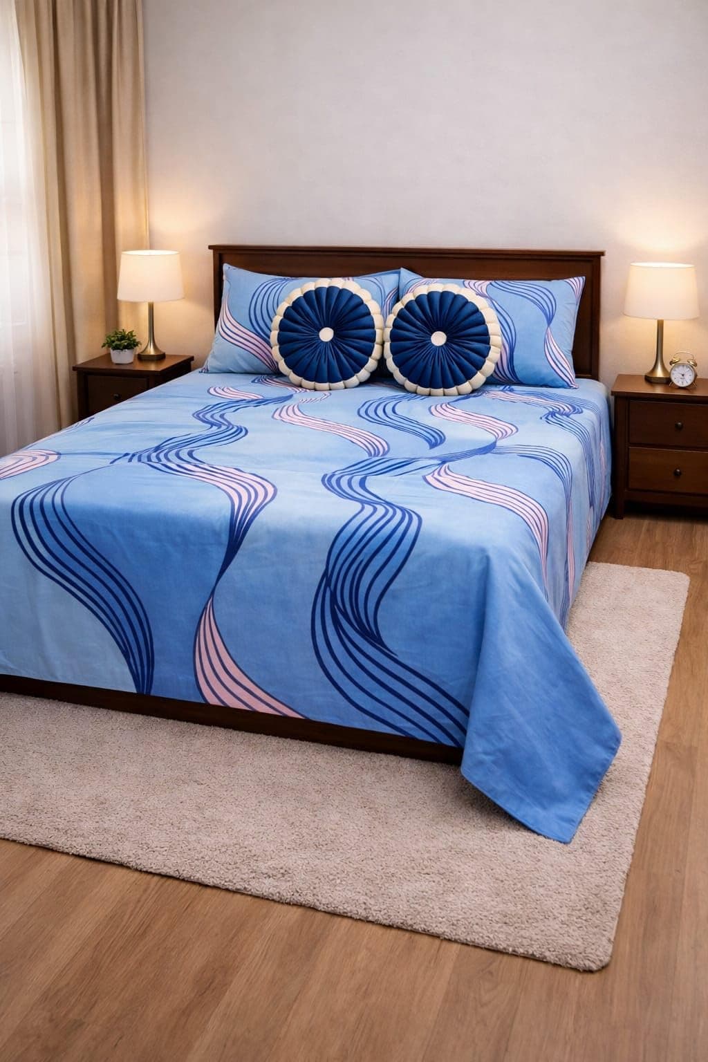 Sands® Luxurious Cotton Feel Glace Cotton King Size Double Bed Bedsheet 108x108 inches with 2 Pillow Covers & 2 Round Cushions, 5pc bedsheet Set (Navy Blue)