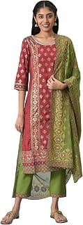 Aurelia Women Rayon Red Foil Printed Kurta With Green Kurta Trouser With Dupatta Set
