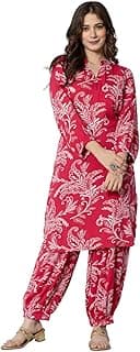 rytras Women's Pure Cotton Printed Straight Kurta Set with Palazzo Pants - Ethnic Wear, Pink