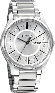 Sonata Essentials Quartz Analog with Day and Date Silver Dial Silver Stainless Steel Strap Watch for Men - NT77082SM02W