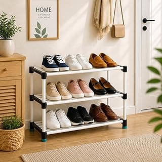 PlexEnt 3 Tier Foldable & Stackable Shoe Rack Organizer for Home Storage | Space Saving Plastic Shoe Stand for Bedroom, Entryway & Closet | Lightweight Durable Multipurpose Shoe Storage Shelf (3)
