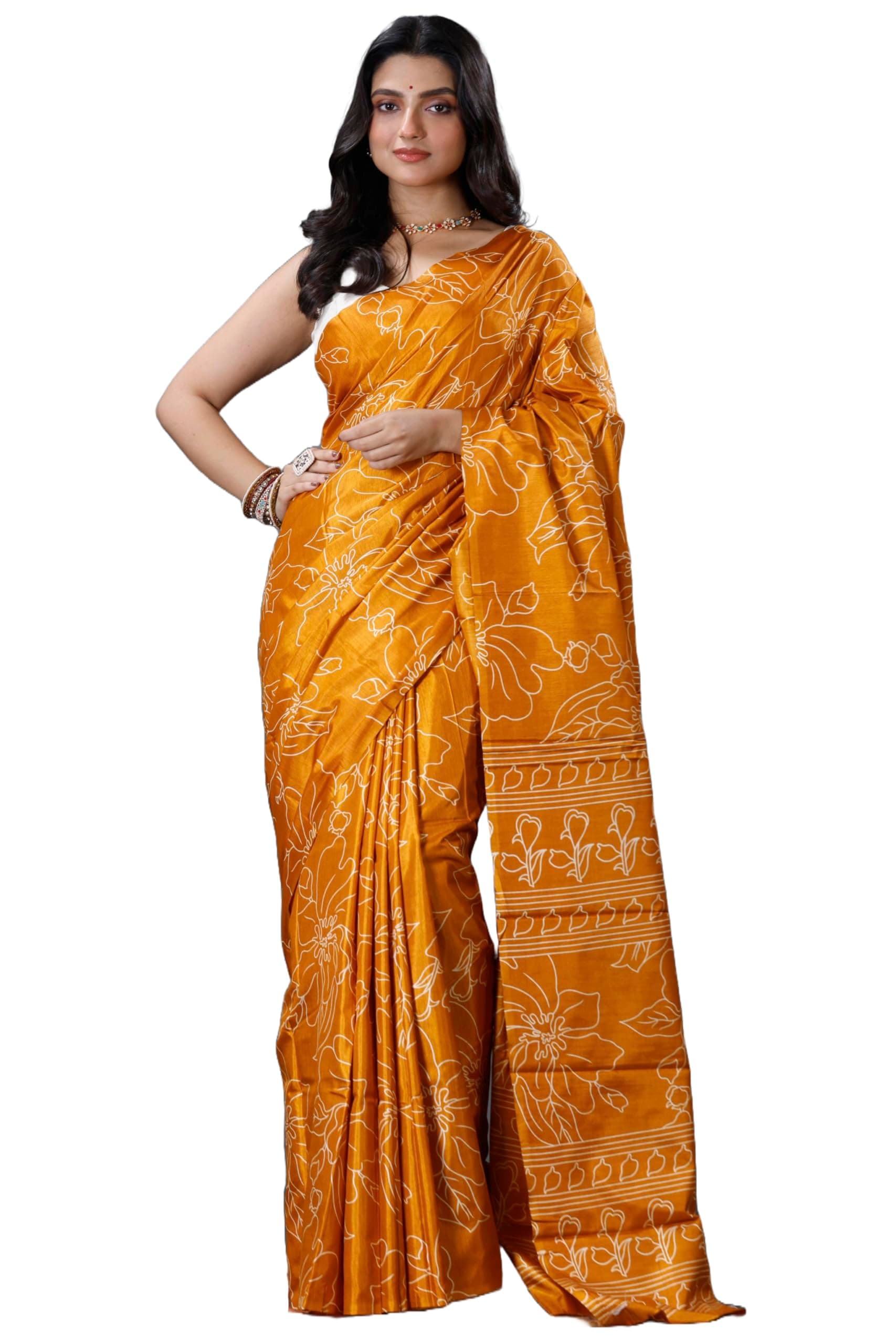 Tant Vastra Soft Silk Printed Saree with Blouse Piece Floral Design, 6.3 Meter