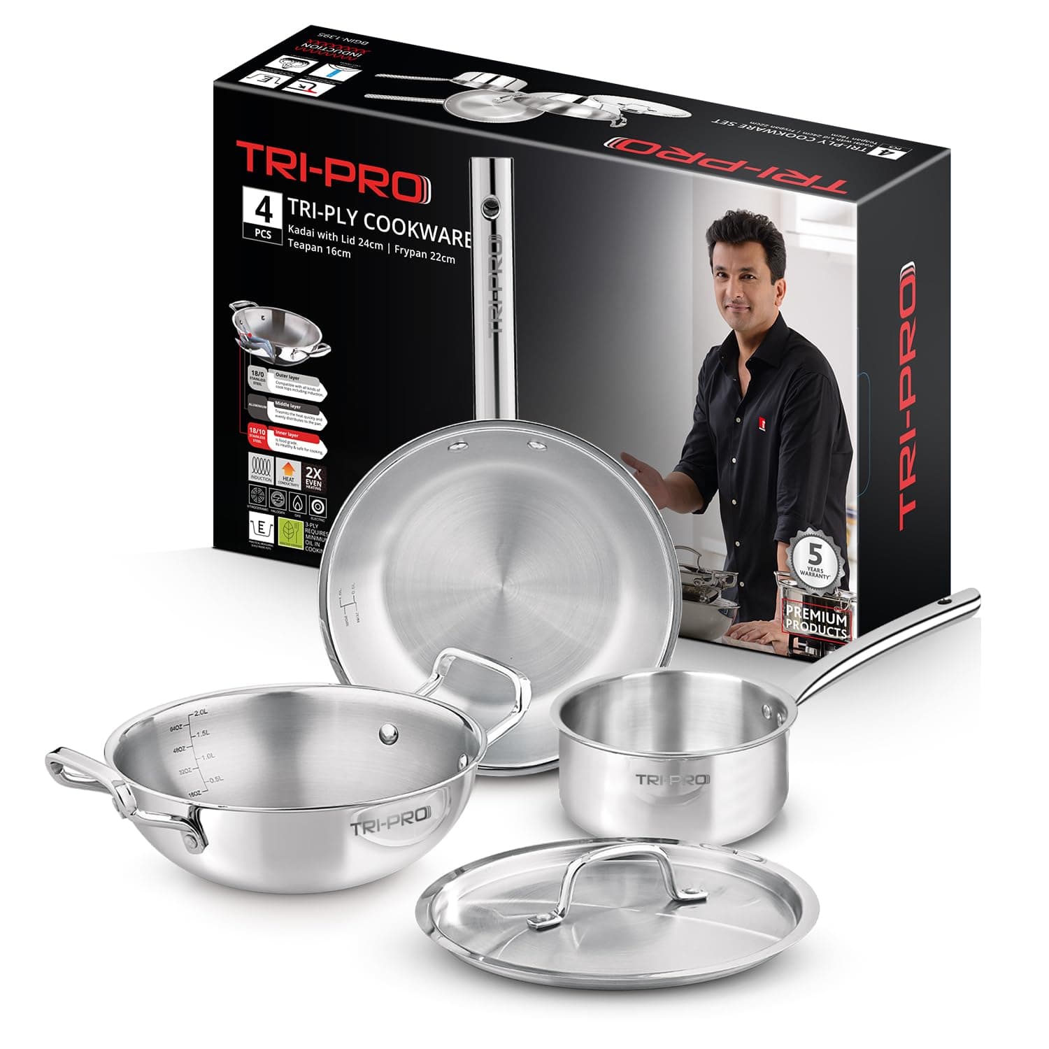 Bergner Tripro Triply Stainless Steel 4 Pc Cookware Set, 24 cm Indian Wok/Kadai with Lid, 22 cm Frypan, 16 cm Tea Pan, Even and Fast Heating, Induction Bottom, Gas Ready, Silver