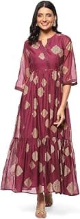 BIBA Women Casual Dress Maxi Cotton Blend Tiered Printed Dress