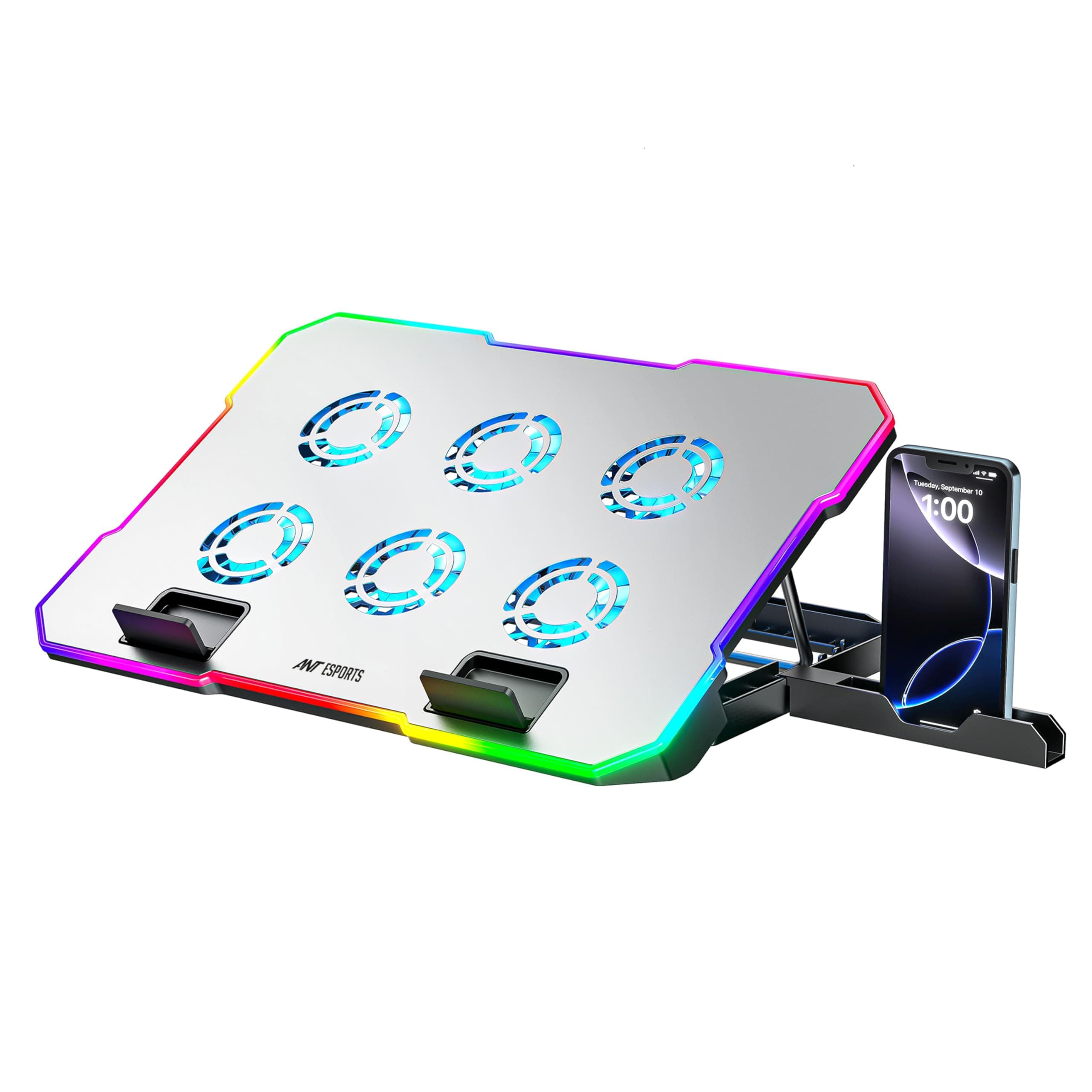 Ant Esports NC510 Laptop Cooling Pad, 6 Silent Fans 2400 RPM, RGB Cooling Stand with 10 Light Modes, Adjustable Ergonomic Height, Dual USB Ports & Phone Holder for Up to 17″ Laptops_ Black