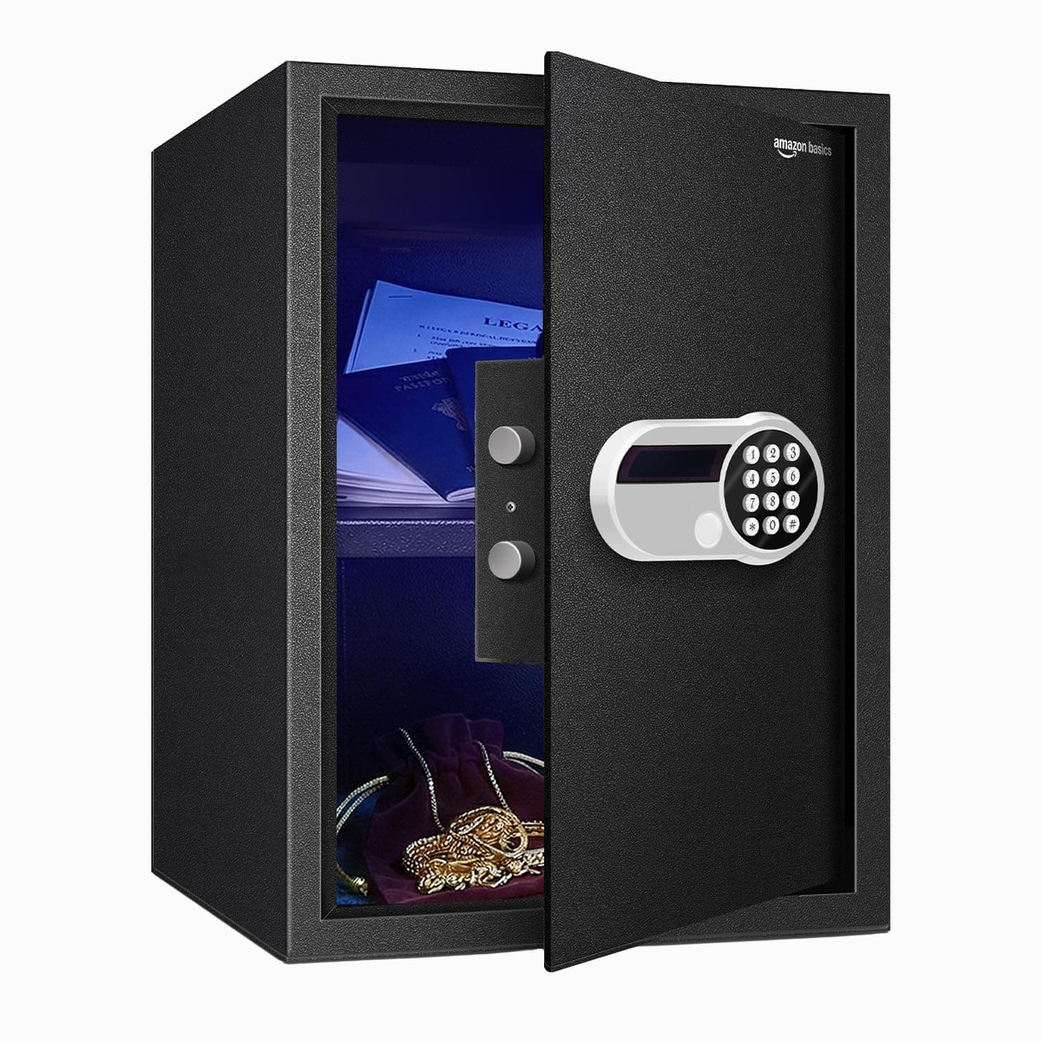 Amazon Basics 50 Litres Digital Safes for Home & Office - Digital Lock 3-in-1 unlocking | locker safe with Motorized Door Locking Mechanism | Size : 50 H x 35 W x 33 D(cm) | Black | Weight: 17 Kgs