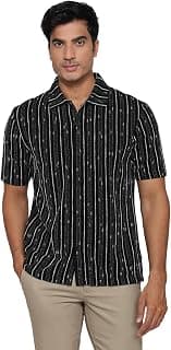 Parx Men Regular Fit Stripe Yarn Dyed Pattern Cotton Polyester Blend Half Sleeve Resort Collar Loungewear T-Shirt