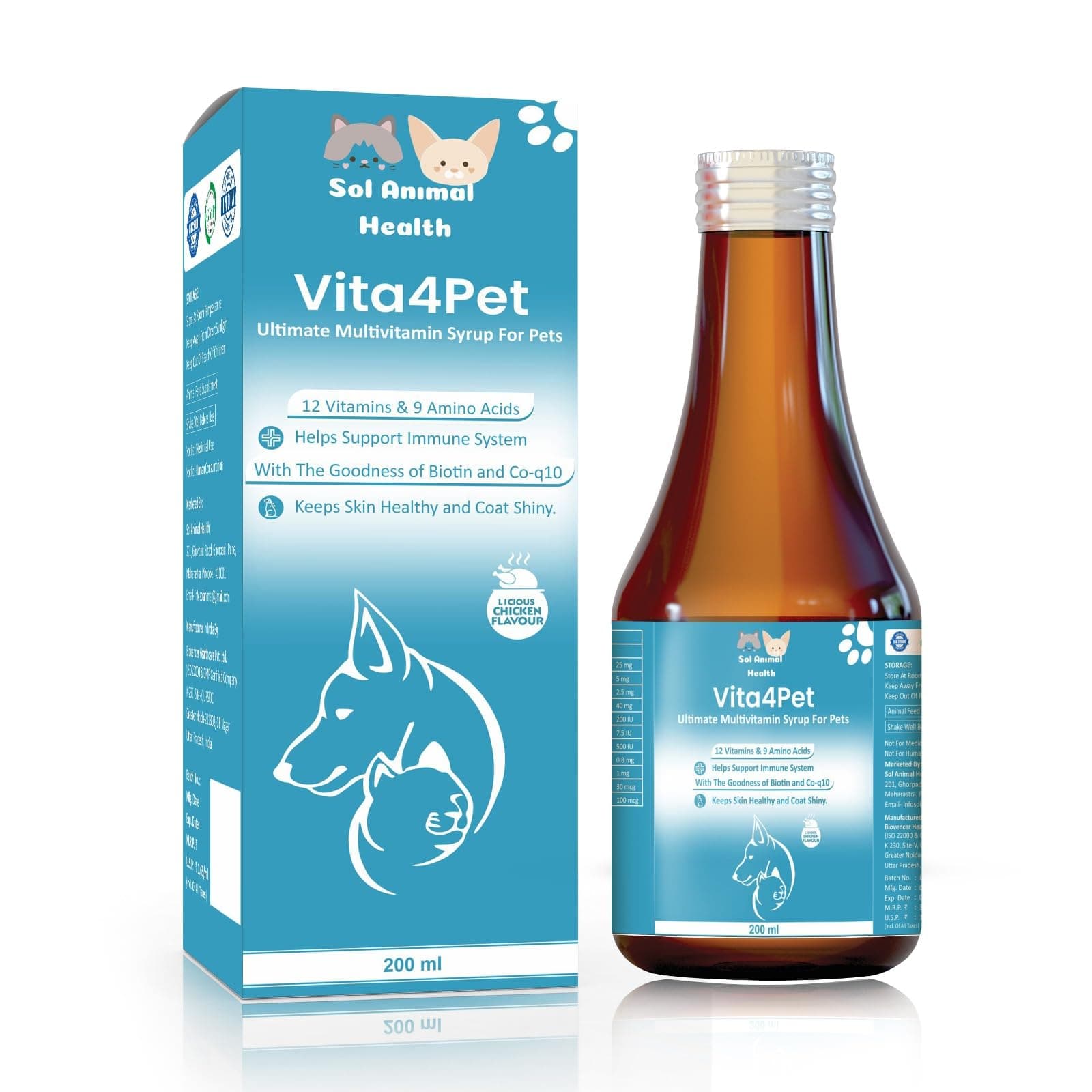 Vita4pet Multivitamin Syrup for Dogs & Cats 200ml | Sol Animal Health | Multivitamin Syrup for Pets | Premium Wellness for Healthy Skin, Joints & Immunity | Nutrient-Dense Growth Supplement