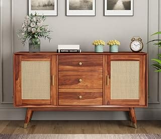 Solid Sheesham Wood Wooden Sideboard Storage Cabinet : Ideal for Living Room and Bedroom with 3 Drawers and 4-Shelf Storage (Design 44)
