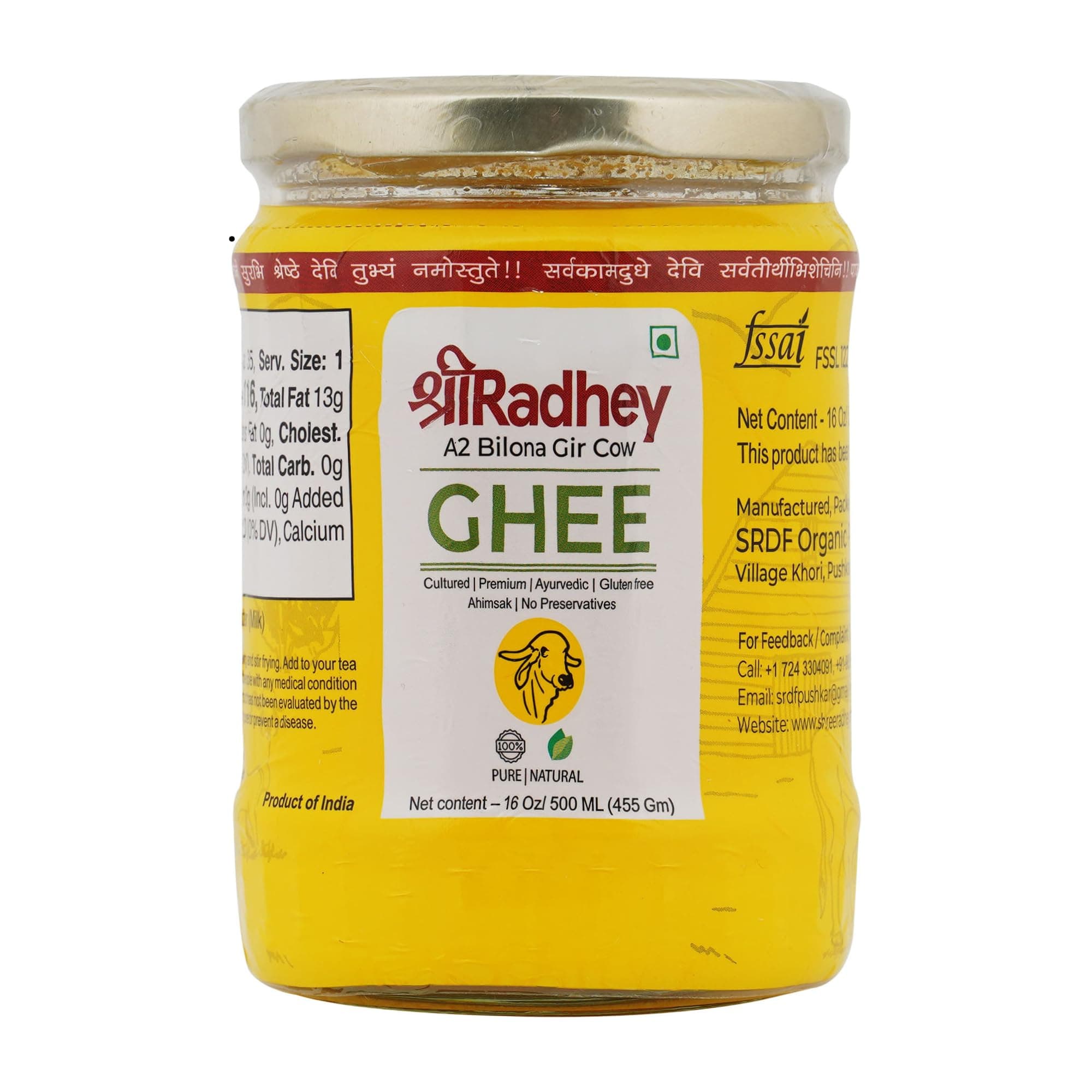 SHREERADHEY A2 Bilona Gir Cow Ghee | 500 ML | Glass Bottle | Traditional Bilona Method | Lactose And Gluten Free | Keto Friendly