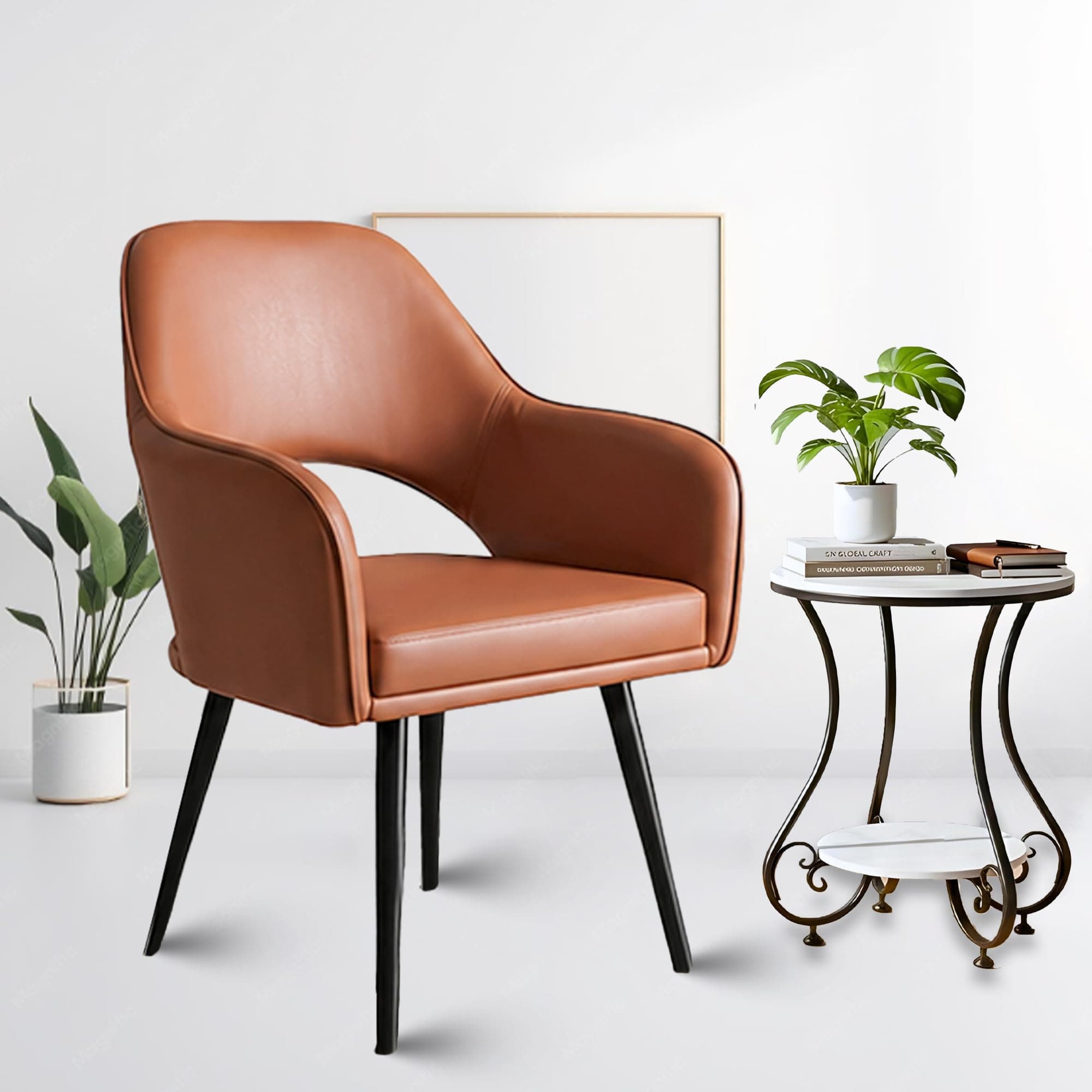 ROSE® Yuri Faux Leather Upholstered Arm Dining Chair, Cushion Seat, Wooden Frame, Metal Legs, Premium Accent Chair for Living Room, Bedroom, Dining Room, Cafe & Restaurant (Caramel Brown, Set of 1)