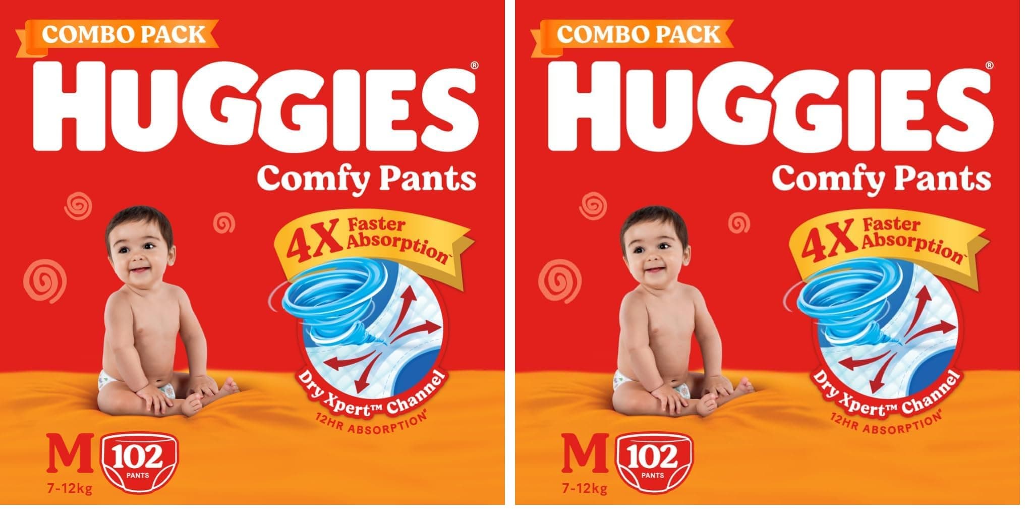 Huggies Comfy Pants Baby Diaper, Medium (M) Size (7-12 Kgs), Pack of 204 (102 count, Pack of 2)