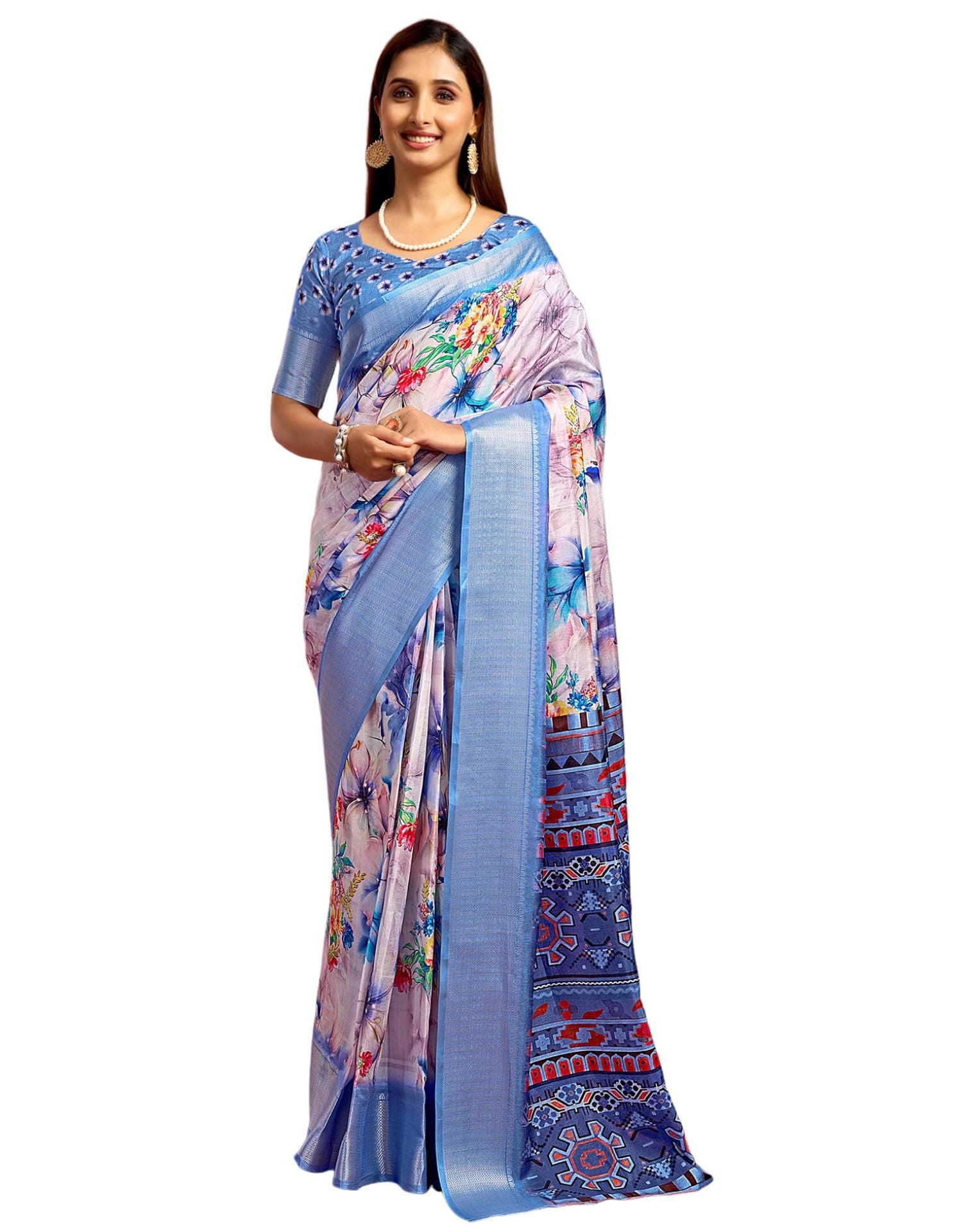 SIRIL Women's Dola Silk Printed Jacquard Border Ready To Wear Saree with Unstitched Blouse Piece