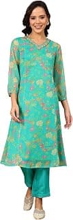 W for Woman Teal Blue Floral Printed Embroidered Neckline Chiffon A-line Kurta