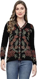 Kalt Women Sweater for Winter Woolen Acrylic Full Sleeves V-Neck Floral Design Cardigan Sweater for Women Winter Woollen Stylish