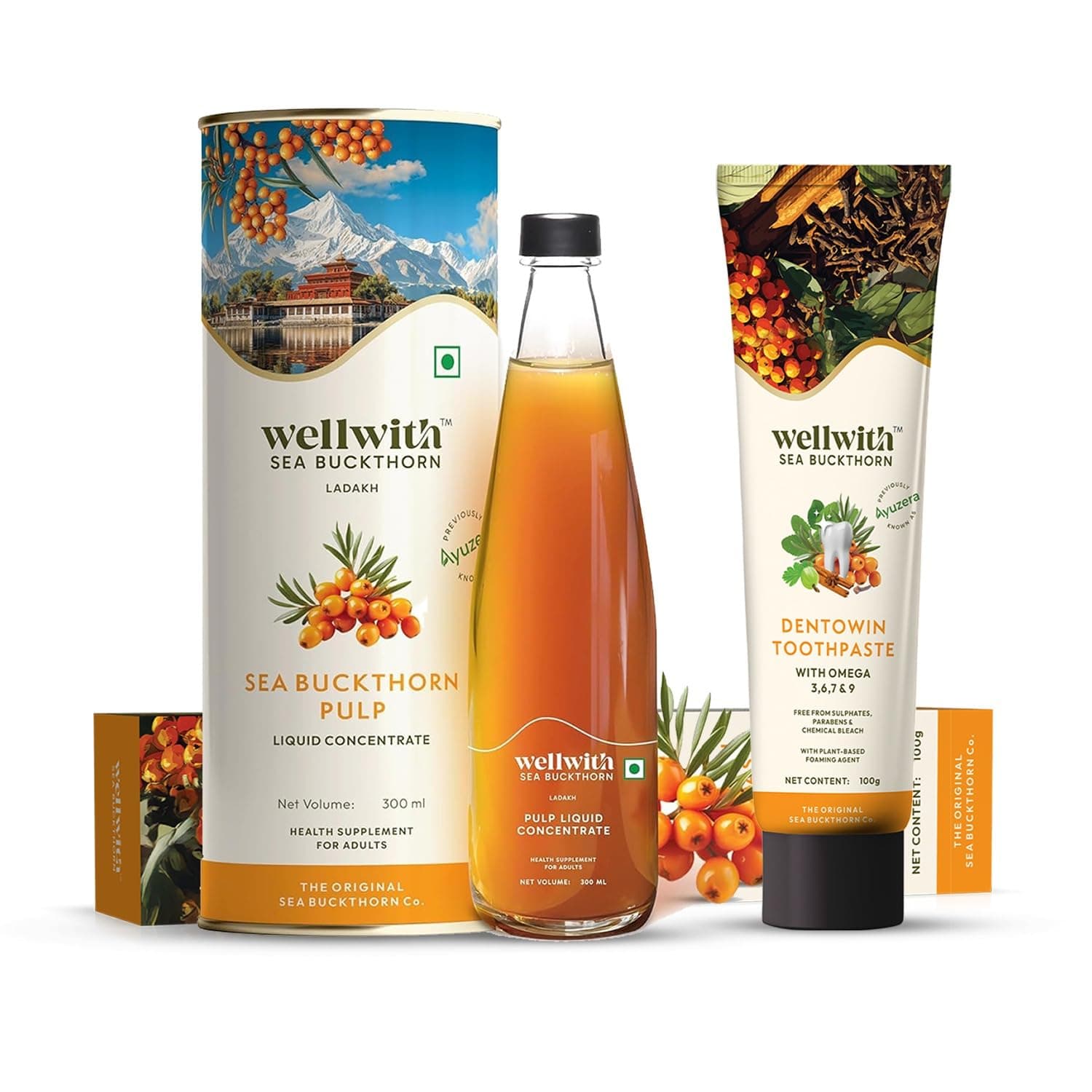 Wellwith by Ayuzera Himalayan Sea Buckthorn Pulp 300ml | Cold-Pressed | Natural Vitamin C,Omega 3 6 7 9, Antioxidants | Immunity, Skin Glow & Gut Health | Juice Seabuckthorn (50 Glasses) (Pulp and Dentowin Toothpaste)