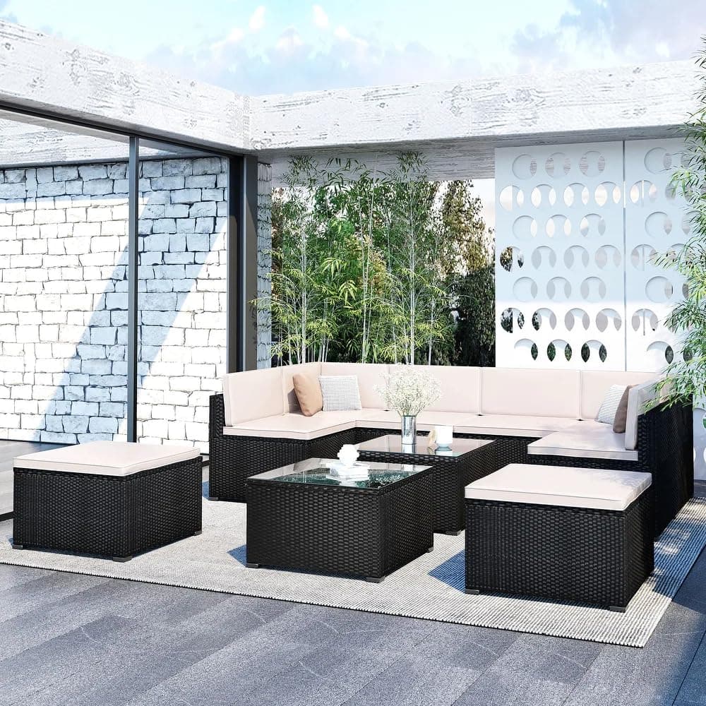 DEVOKO All Weather Resistant Outdoor Rattan Wicker 8-Piece Sectional Sofa Set with Cushioned Ottomans & Two Glass Top Tables for Garden, Terrace, Backyard (Black & White)