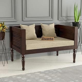 Wooden 2 Seater Sofa Set for Living Room & Drawing Room | Solid Sheesham Wood Two Seater Sofa Without Small Pillow | Cushion Color: Beige, Finish: Walnut