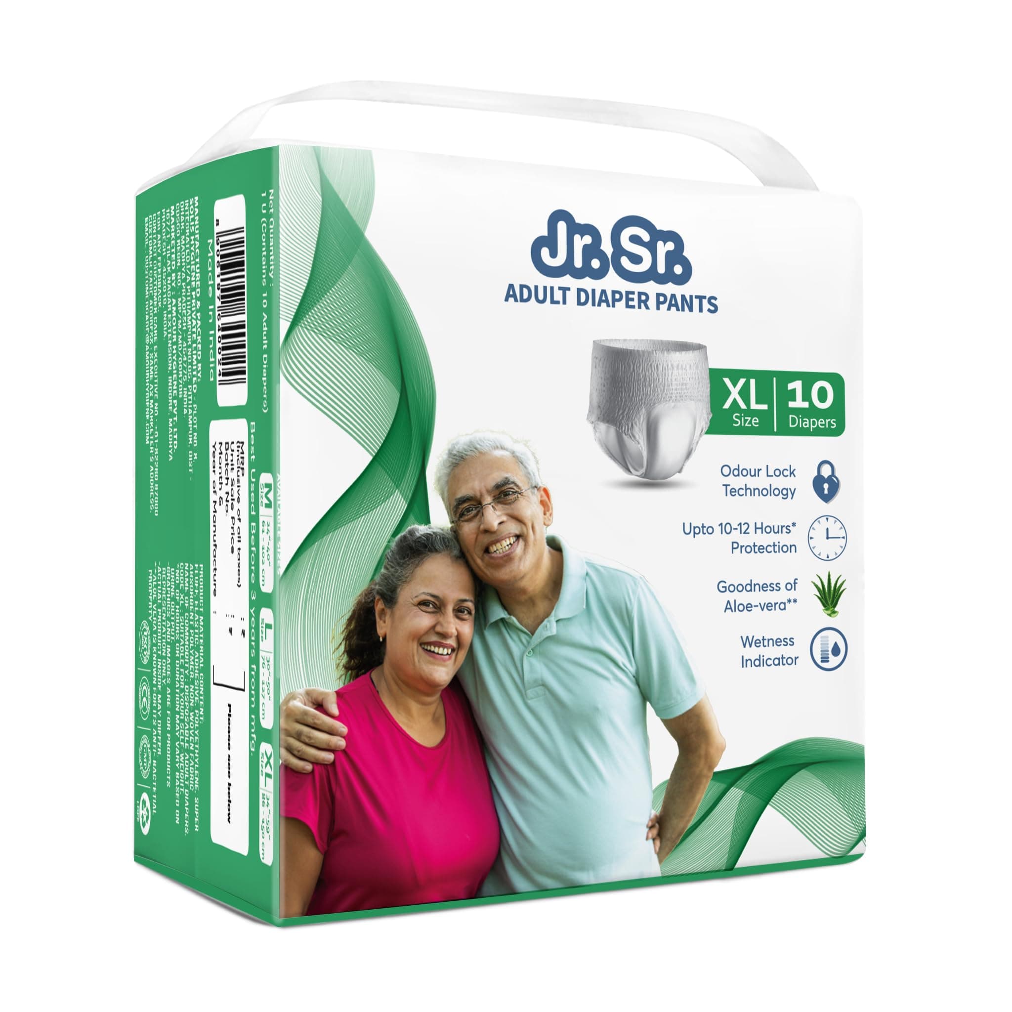 Jr. Sr. Adult Diaper Pants Style | Extra Large (XL) Size 10 Counts | Waist 34"-59" (86-150cm)| Upto 12 hr Absorption Protection | Unisex with Wetness Indicator | Odour Control & Goodness of Aloe Vera