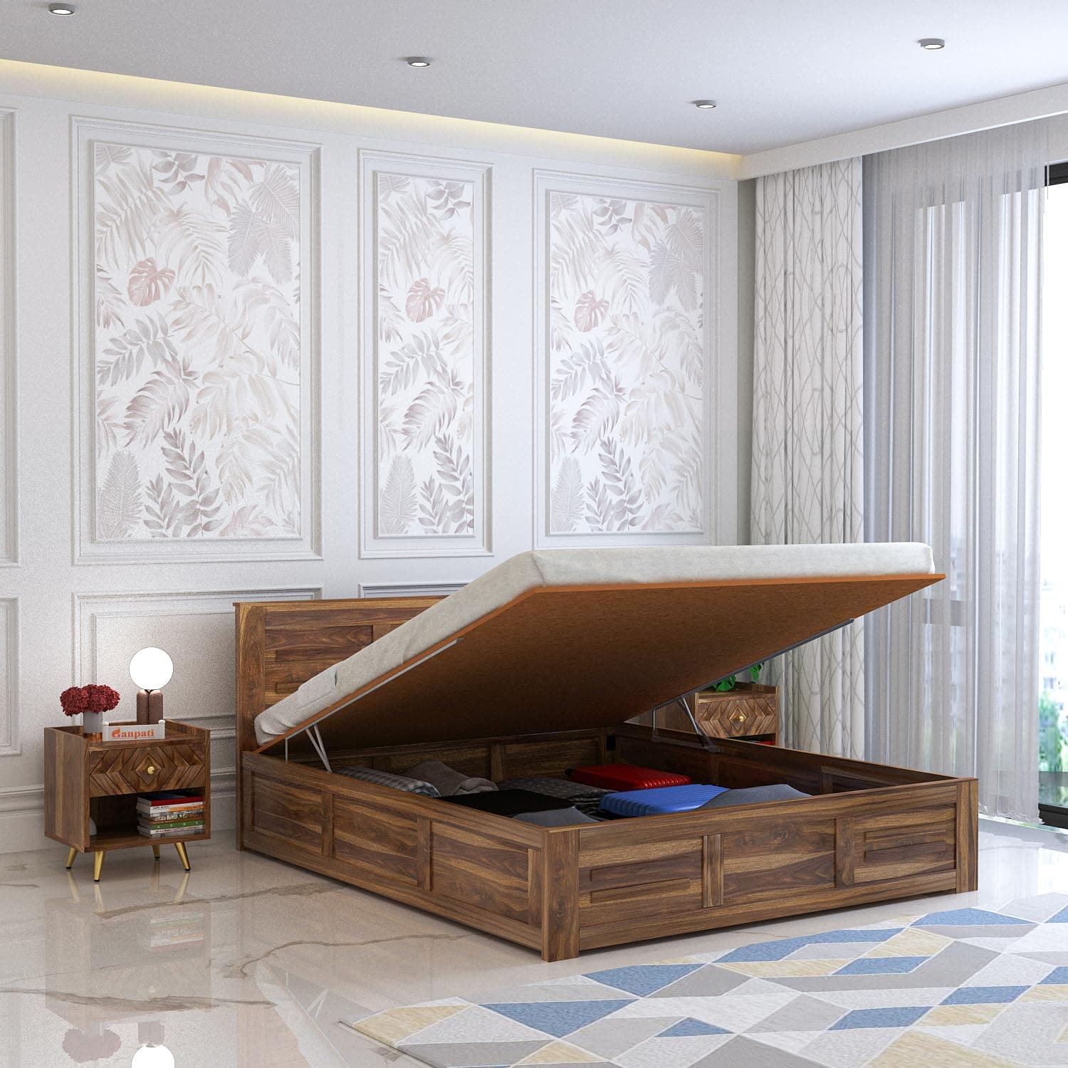 Ganpati Arts Sheesham Wood Swiss King Size Bed with Hydraulic Storage | Wooden Double Bed Cot Palang Furniture for Bedroom, Living Room, Hotel, Home (Teak Finish)