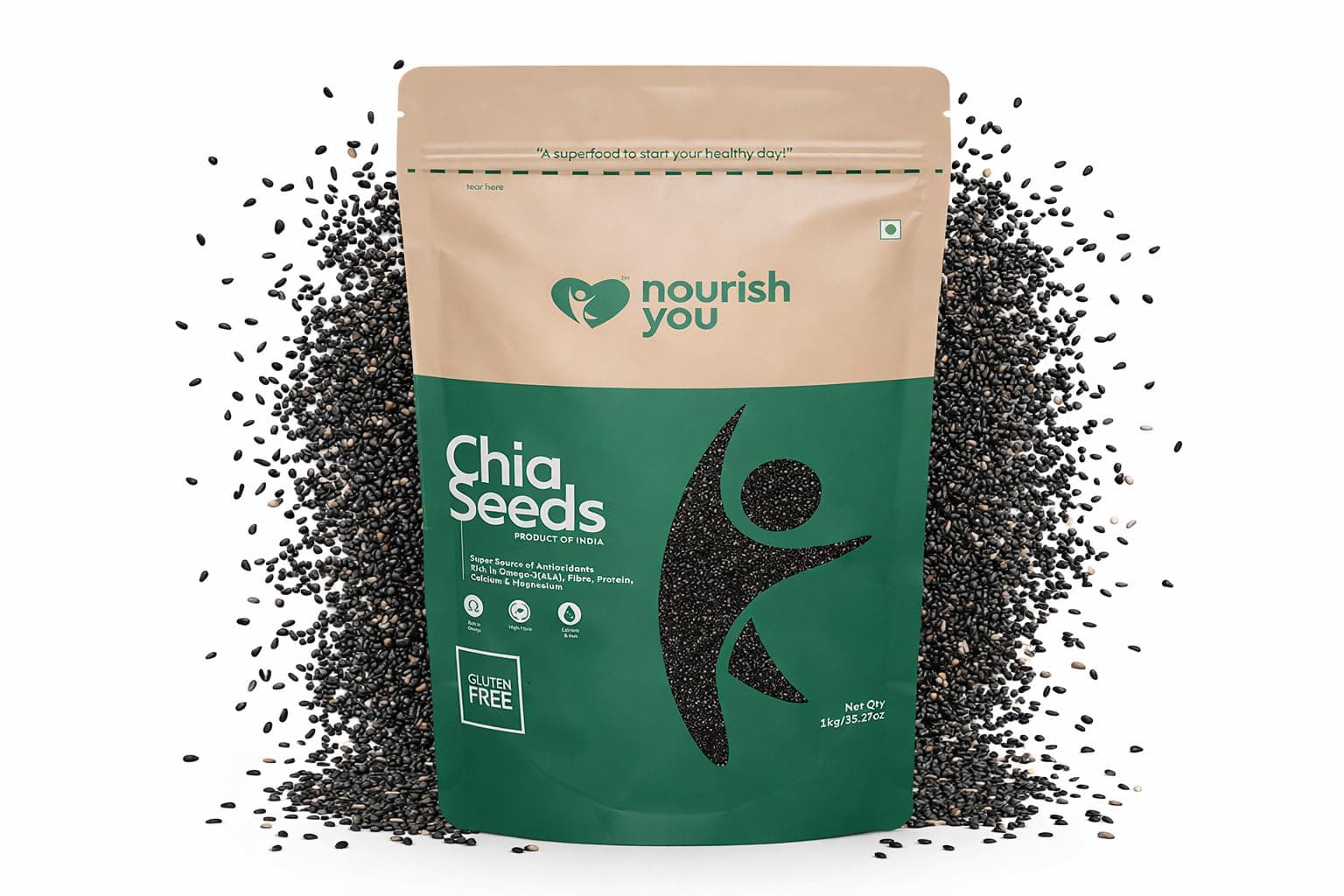 Nourish You Raw & Whole Chia Seeds 1kg | 20.4g Protein per 100g | Dirt & Stone free | Gluten Free | Source of Calcium, Protein , Dietary Fibre & Antioxidant | Rich with Omega 3 & Zinc | Premium superfoods | Supports Weight Management | Value Pack offer |