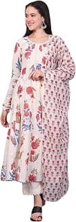 W for Woman Grey Floral Printed Kota Flared Kurta, Straight Pant And Dupatta Set