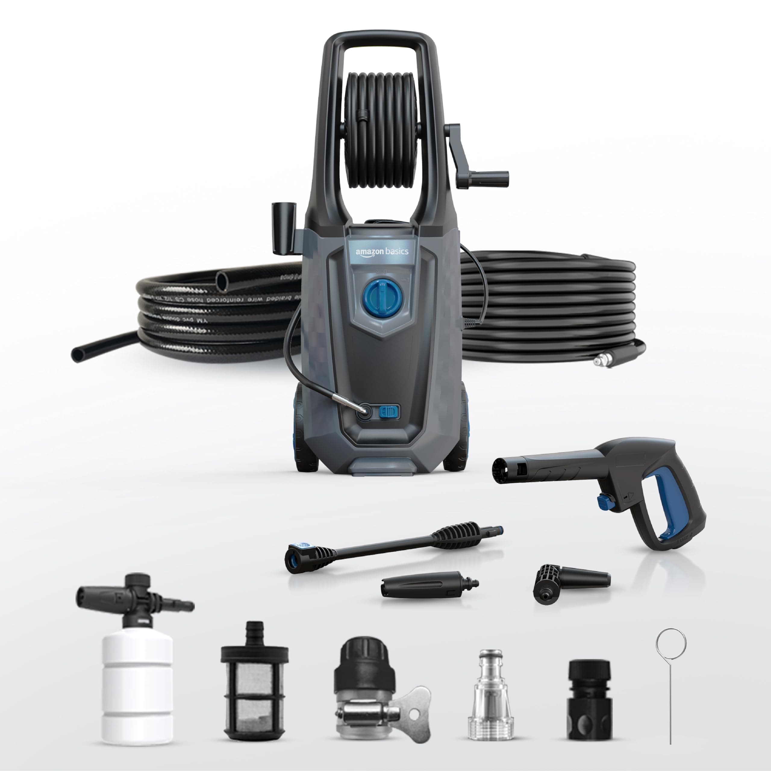 Amazon Basics Pressure Washer 2000W, 160 Bar, 7 L/min Flow Rate, 10M Hose, 5M Power Cord, Auto Stop, Copper Winding Motor | Includes 10 Accessories | Ideal for Car, Bike and Outdoor Cleaning