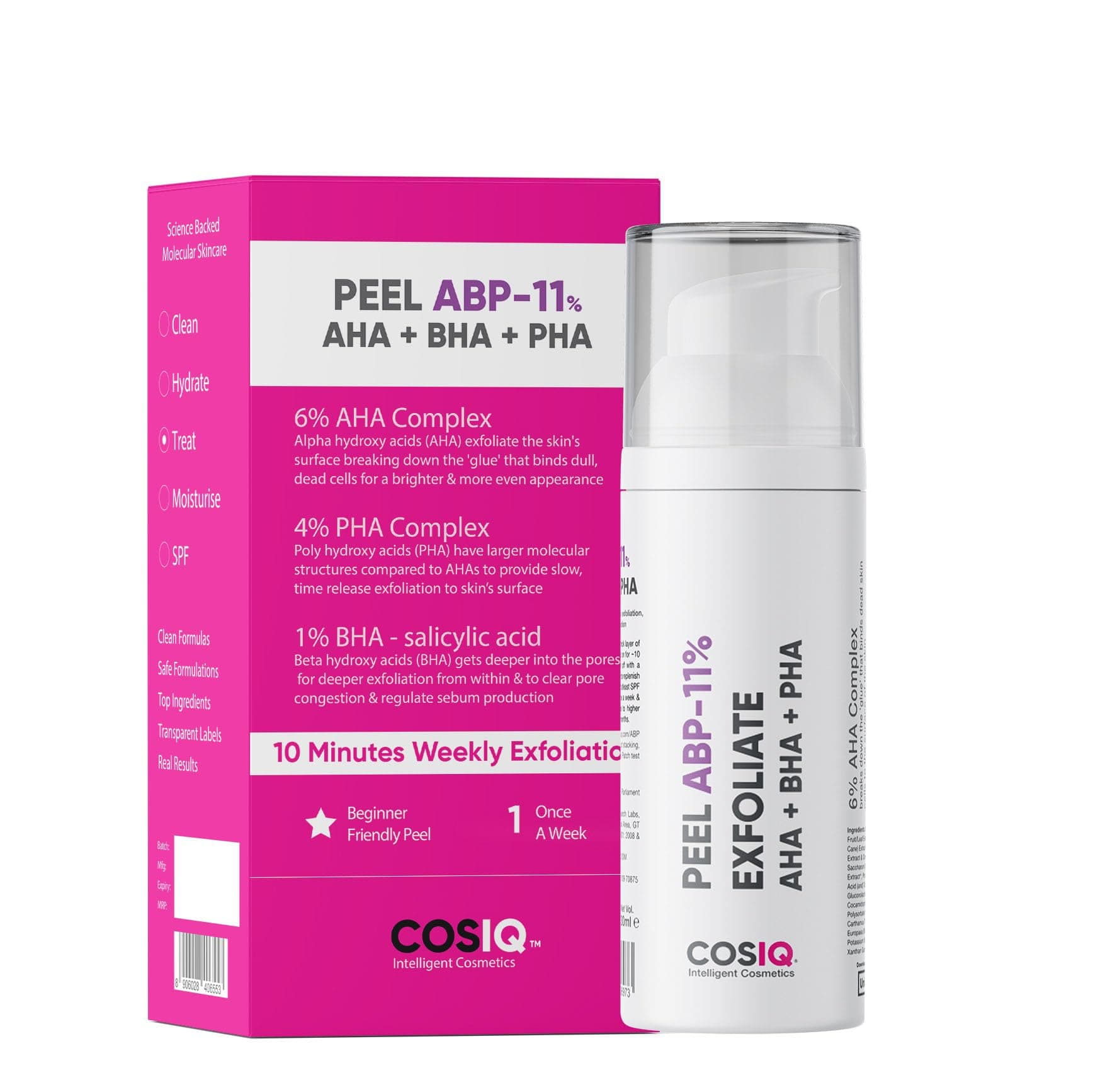 Cos-IQ ABP 11% Peeling Solution Face Serum (6% AHA, 1% BHA, 4% PHA), 30ml | Beginner-Friendly Weekly Peel, Unclogs Pores, Smooths Texture, Brightens, Patch Test Advised, For Men & Women
