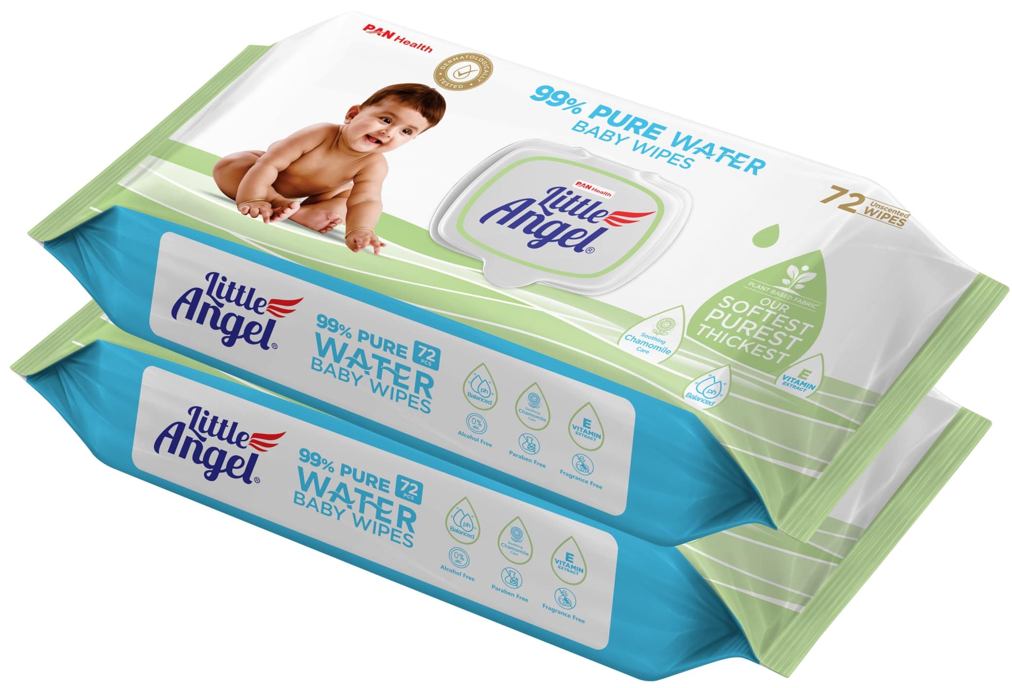 Little Angel 99% Pure Water Baby Wipes with Lid, 144 count, Enriched with Chamomile Extracts & Vitamin E, Plant Based Fabric, 72 pcs/pack (Pack of 2)