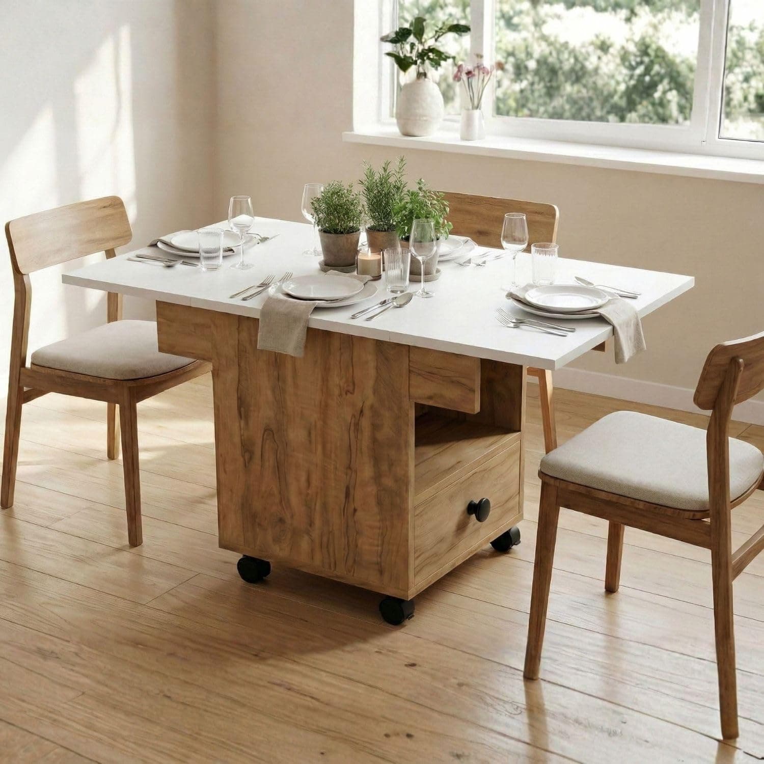 FFO Foldable Dining Table with Storage and Wheels, Drop Leaf, 2 Seater, Engineered Wood, White and Coach Wood Finish, Drawer and Shelf Storage