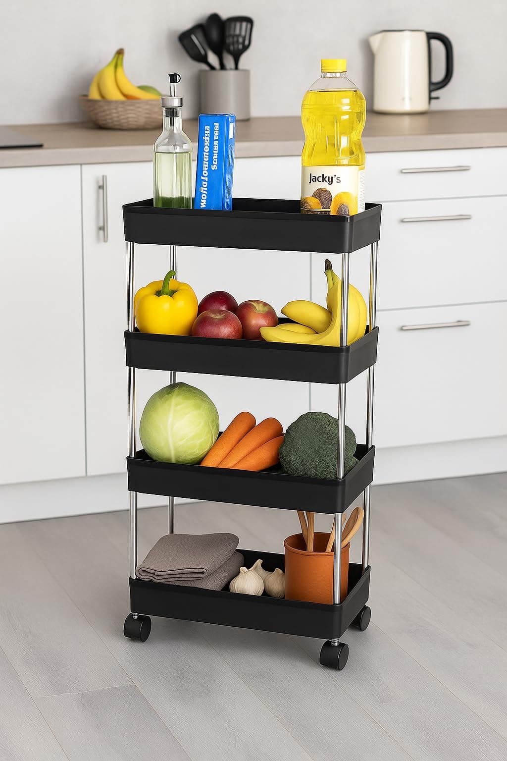 Leaffybezz 4 Layer Multipurpose Kitchen with Wheels, Space Saving Home Storage Organizer Rack Vegetable Rack Stand for Living Room, Bedroom, Office (Black)